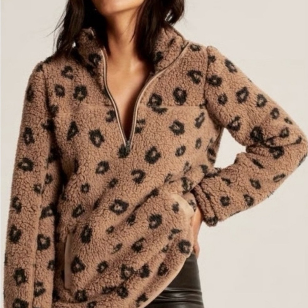 Abercrombie & Fitch Leopard Print Teddy Quarter-Zip Jacket in Tan and Black